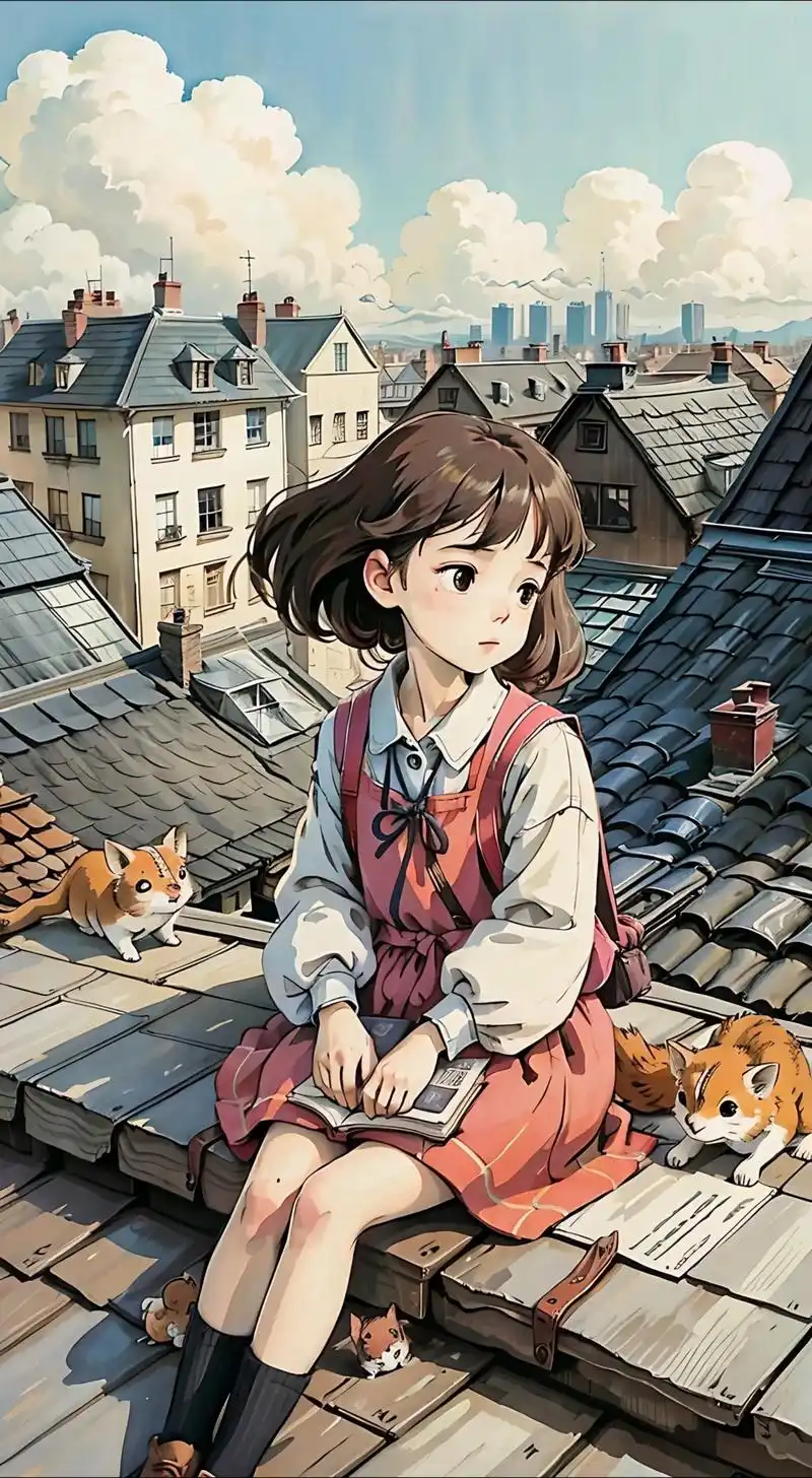 漫蛙屋顶人物与猫的场景插画,阅读节奏配图